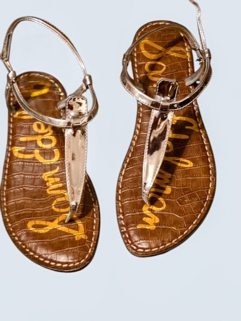 Sam Edelman Metallic Silver T-Strap Flat Sandals - Brown Insole